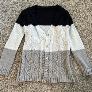 Black, White & Gray Colorblock Cable Knit Cardigan